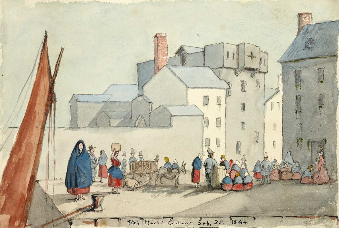 ‘Fish market, Galway, Sep. 25 1844’ This view looking towards Quay Street, with Blake’s Castle in the background, shows the fish market with a hooker moored to a bollard. Courtesy of the National Library of Ireland