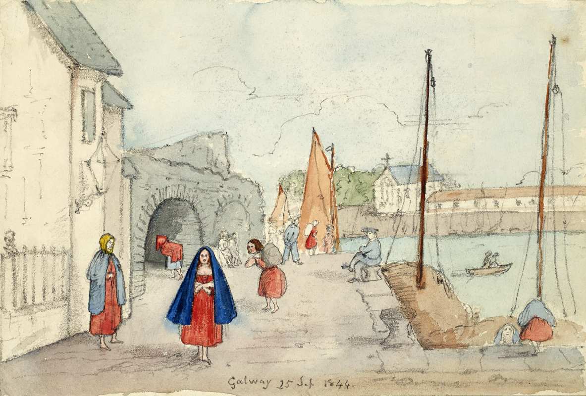 ‘Galway, 25 Sep. 1844’ A view of the Spanish Arch with the old Claddagh church in the background. Note that the Piscatorial School, constructed in 1847, Courtesy of the National Library of Ireland