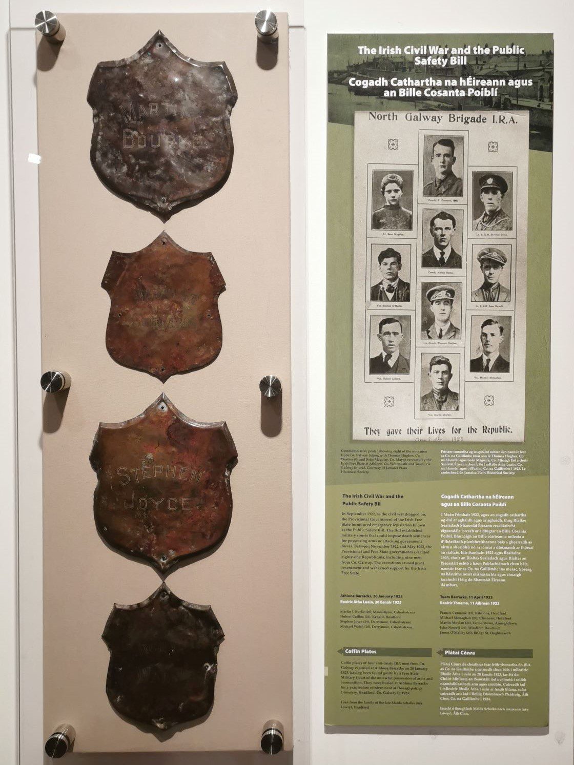 Four coffin plates representing the execution of Galway men in Athlone, on display at Galway City Museum. 
