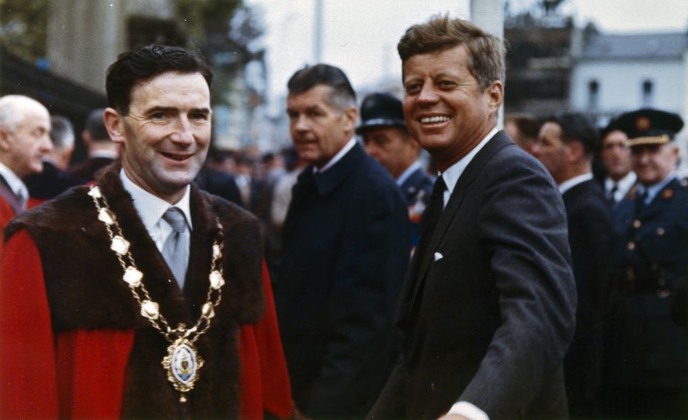 Colour photo of Mayor Patrick D Ryan and John F Kennedy in Galway in 1963