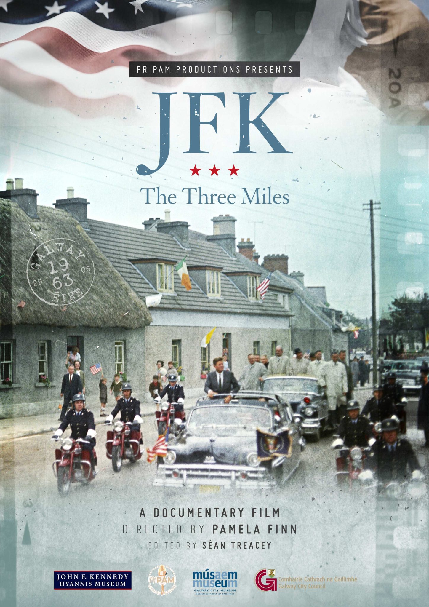Colourised photo poster of JFK in Galway advertising JFK: The Three Miles film.
